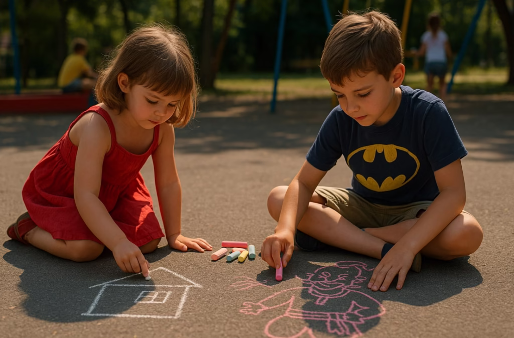 хлопчик та дівчинка малюють крейдою на асфальті