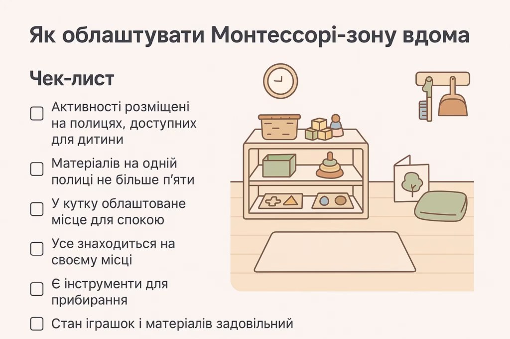 інфографіка Як облаштувати Монтессорі зону вдома: чек лист