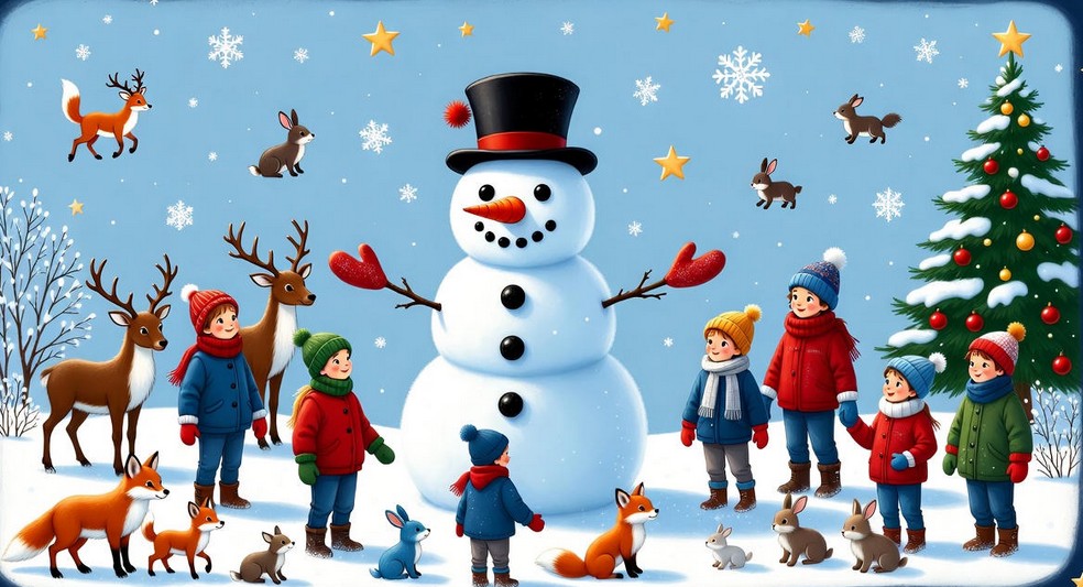 Діти будують сніговика, зимовий ліс, різдвяна ялинка