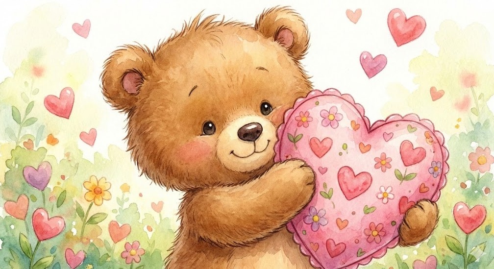 Милий плюшевий ведмедик тримає велике рожеве серце-валентинку, акварельна ілюстрація до дитячих віршів на День Валентина